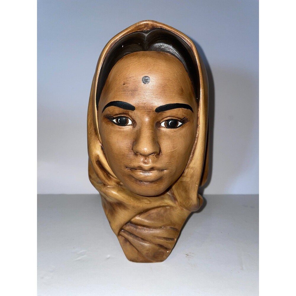 Vtg 1974 Artist Signed Chalkware Bust Indian Woman Head Sculpture Marwal Style